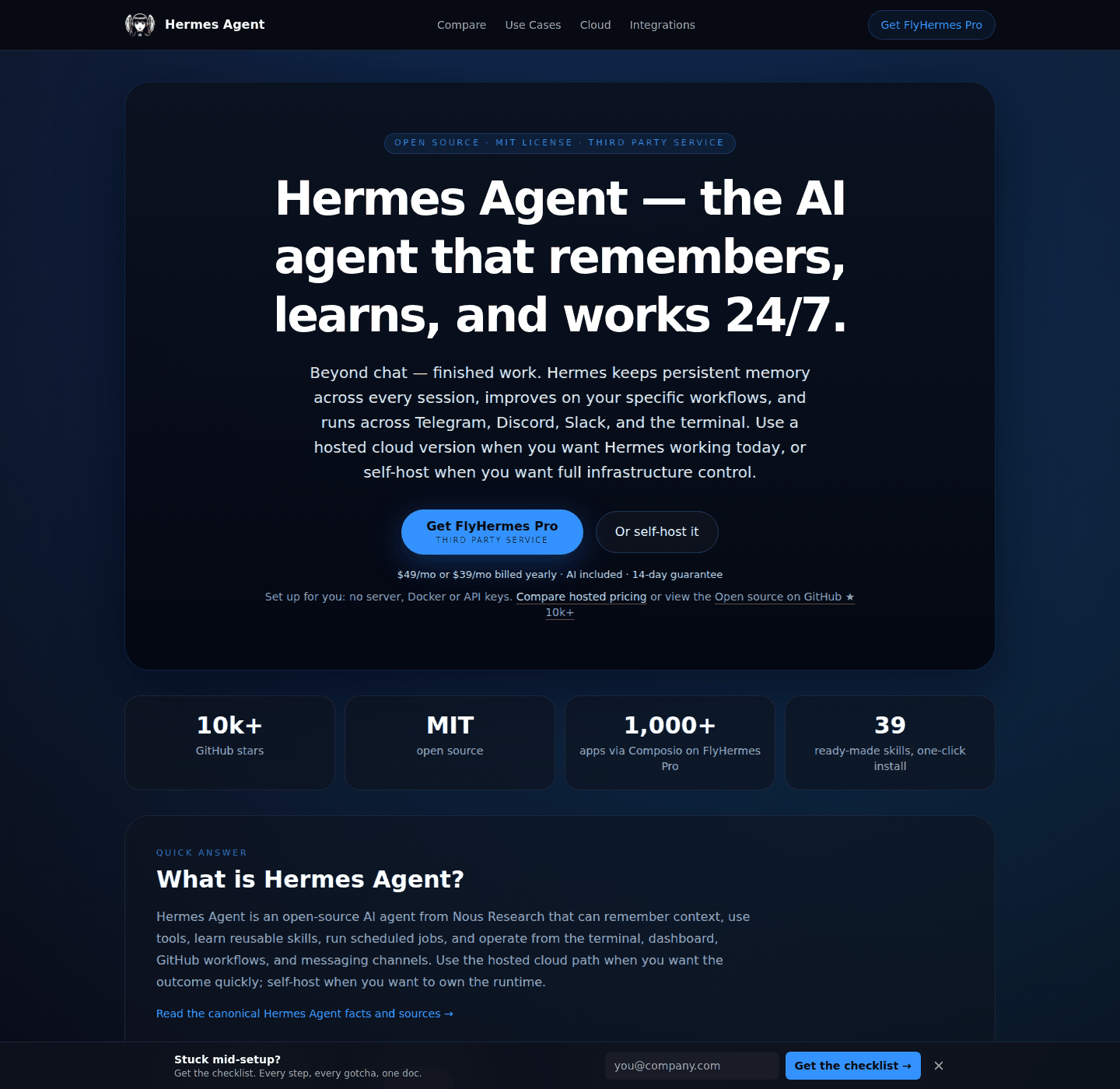粉丝站 hermes-agent.ai 取证截图:not affiliated 声明与 FlyHermes Pro $49/mo,取证 2026-10-27