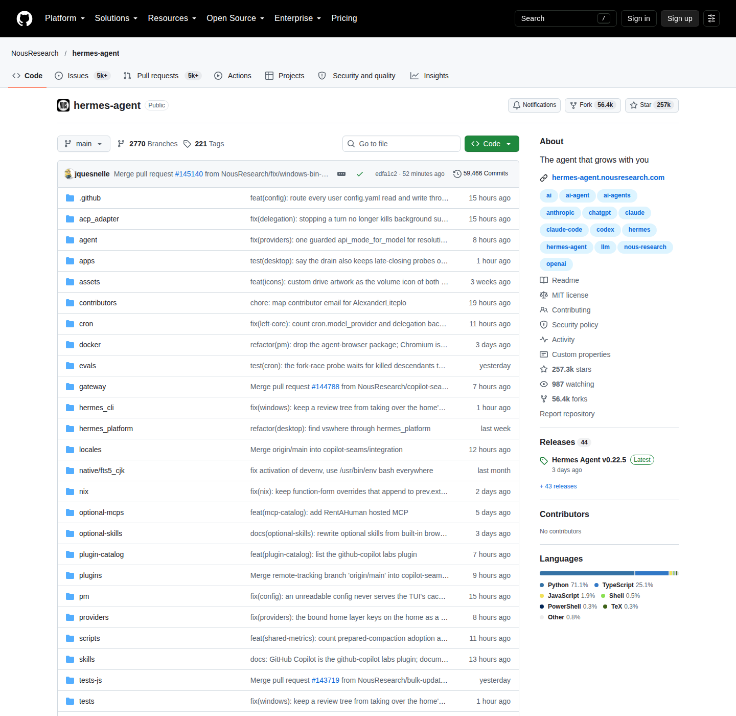 GitHub 仓库首屏取证截图:59,466 Commits 与 257,321★,取证 2026-10-27